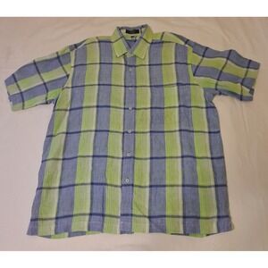 Alan Flusser Green and Blue 100% Linen Button Down Short Sleeve Size L Preppy